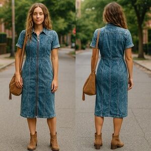 VNTG Acid wash effortless‎ chick western denim jeans midi shirt dress small fall